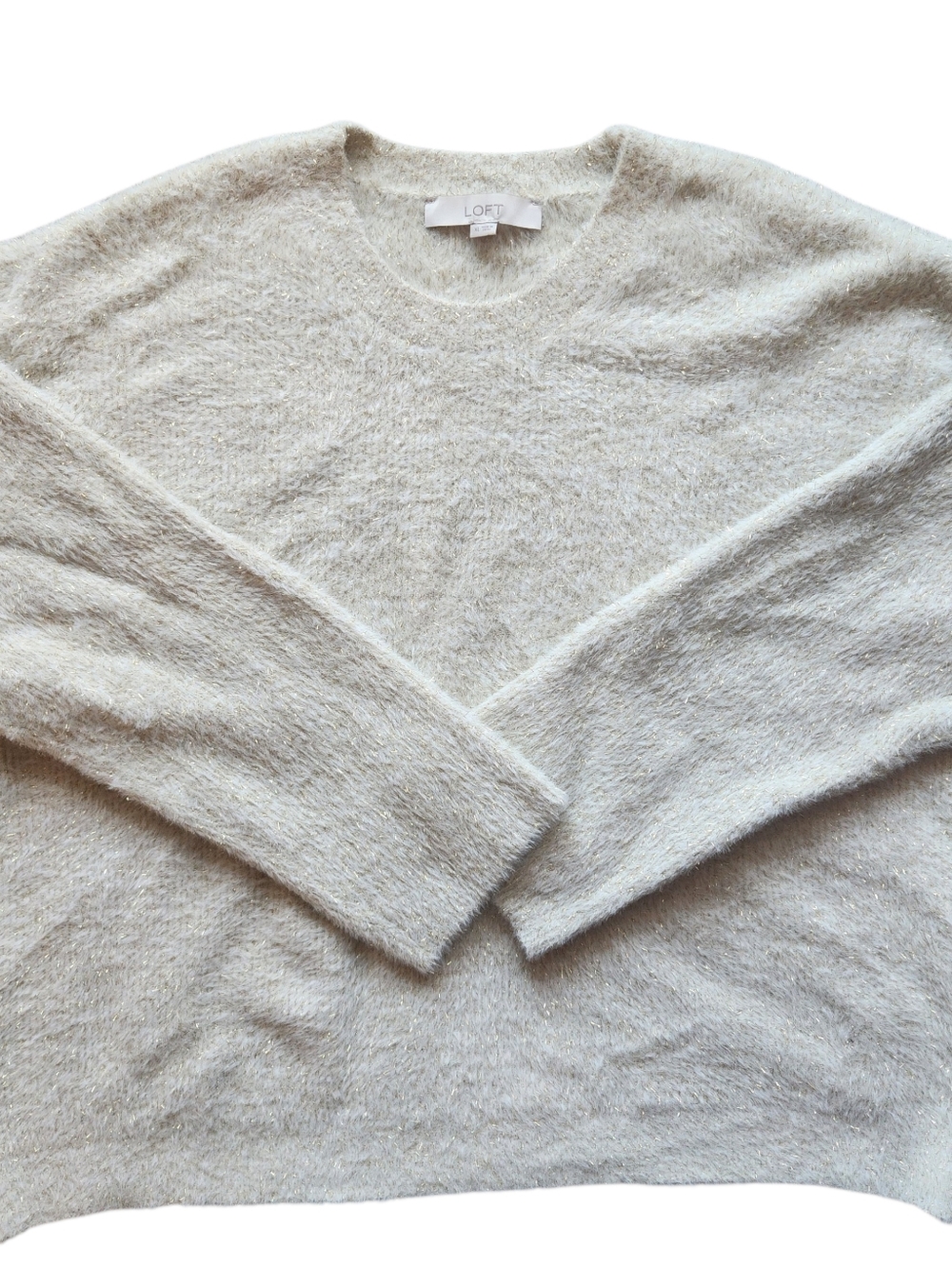 LOFT Cream Gold Strand Fuzzy Crewneck Sweater